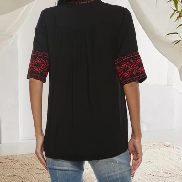 AK Women's Summer V Neck
Boho Embroidered Mexican
Shirts
Short Sleeve Casual Top - Picture 2 of 9